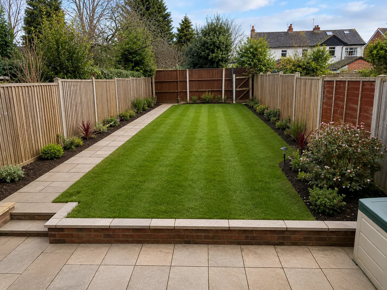 Jardin après aménagement, pelouse et massifs